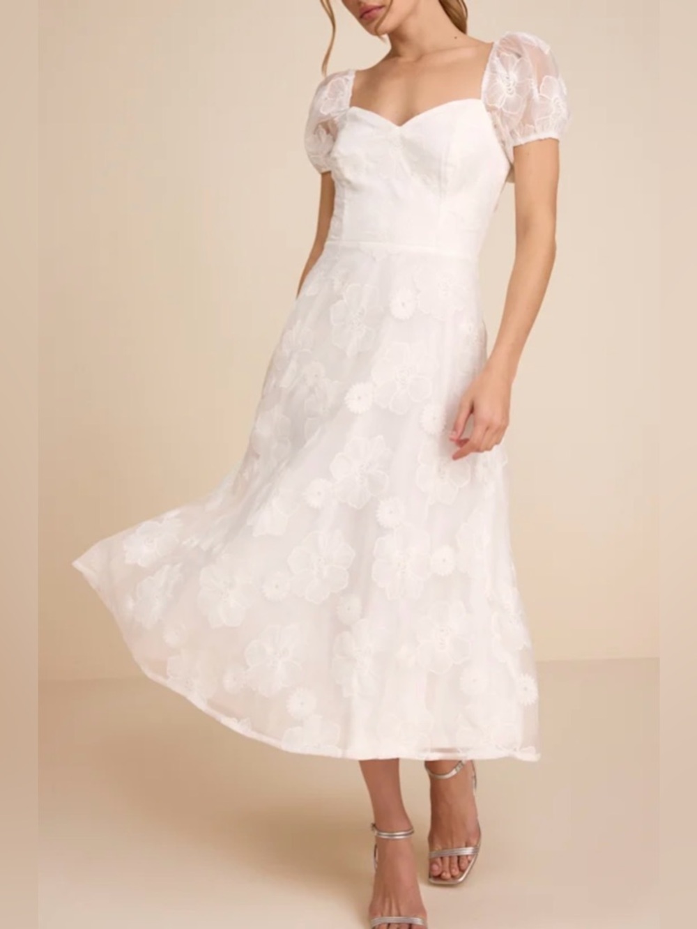 Lulus NWT “Sweetest Behavior” White Embroidered Puff Sleeve Midi Dress Sz Small - Picture 10 of 14